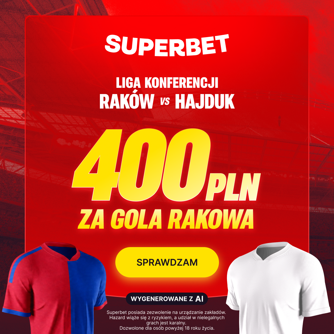Promocja Superbet: bonus 400 zł za gola Rakowa w meczu z Hajdukiem | kod BETWP